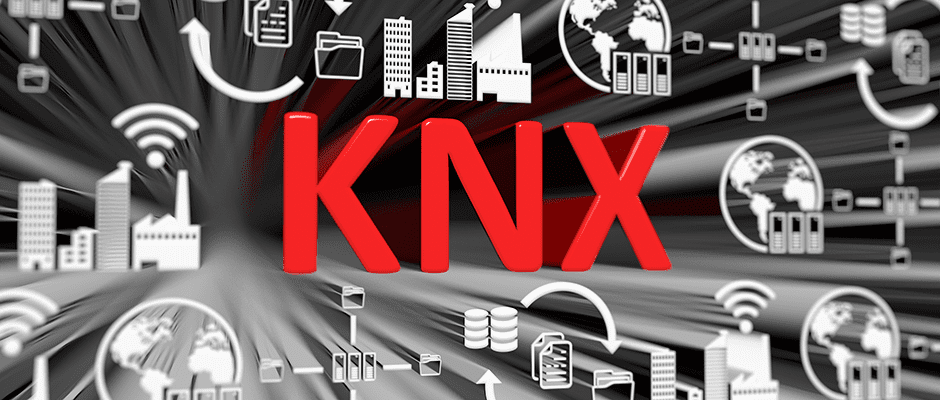 KNX logo στη μέση και γύρω ασπρόμαυρα γραφικά με κτίρια και γραφεία που συνδέονται μεταξύ τους λόγω του αυτοματισμού και της τεχνολογίας.