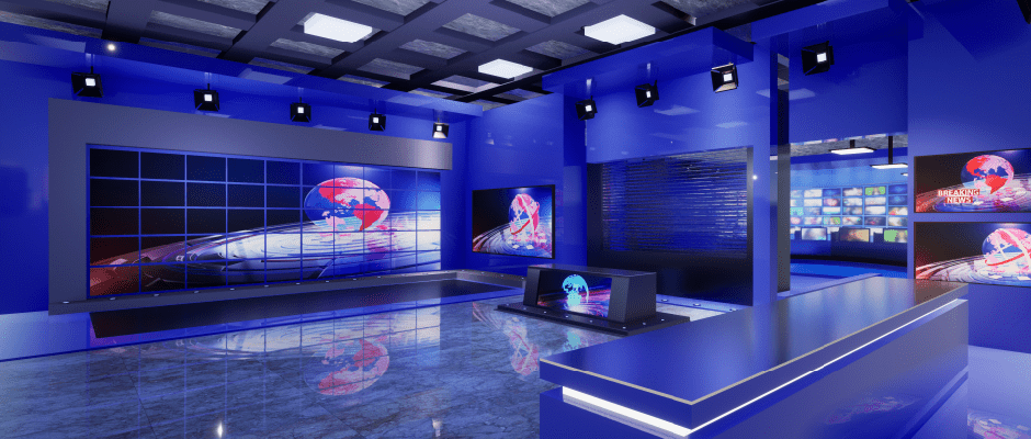 3D Virtual reality Τρισδιάστατη απεικόνιση γραφείου με LED RGB μπλε φωτισμό.