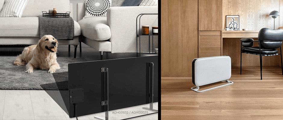 Λευκός θερμοπομπός Mill 1200W WiFI σε ξύλινο δάπεδο μπροστά από γραφείο και καρέκλα γραφείου και σαλόνι σπιτιού με σκύλο μπροστά από το θερμαντικό πάνελ